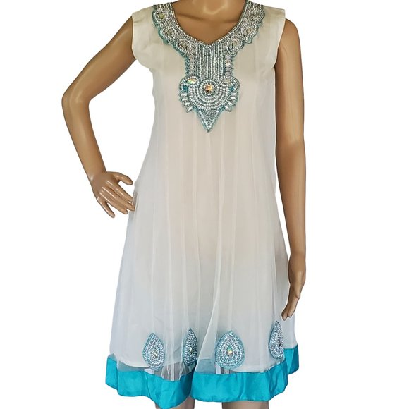 White Beaded A Line Sun Dress Women's XS Sleeveless Teal Trim Lined Netted - Picture 3 of 12